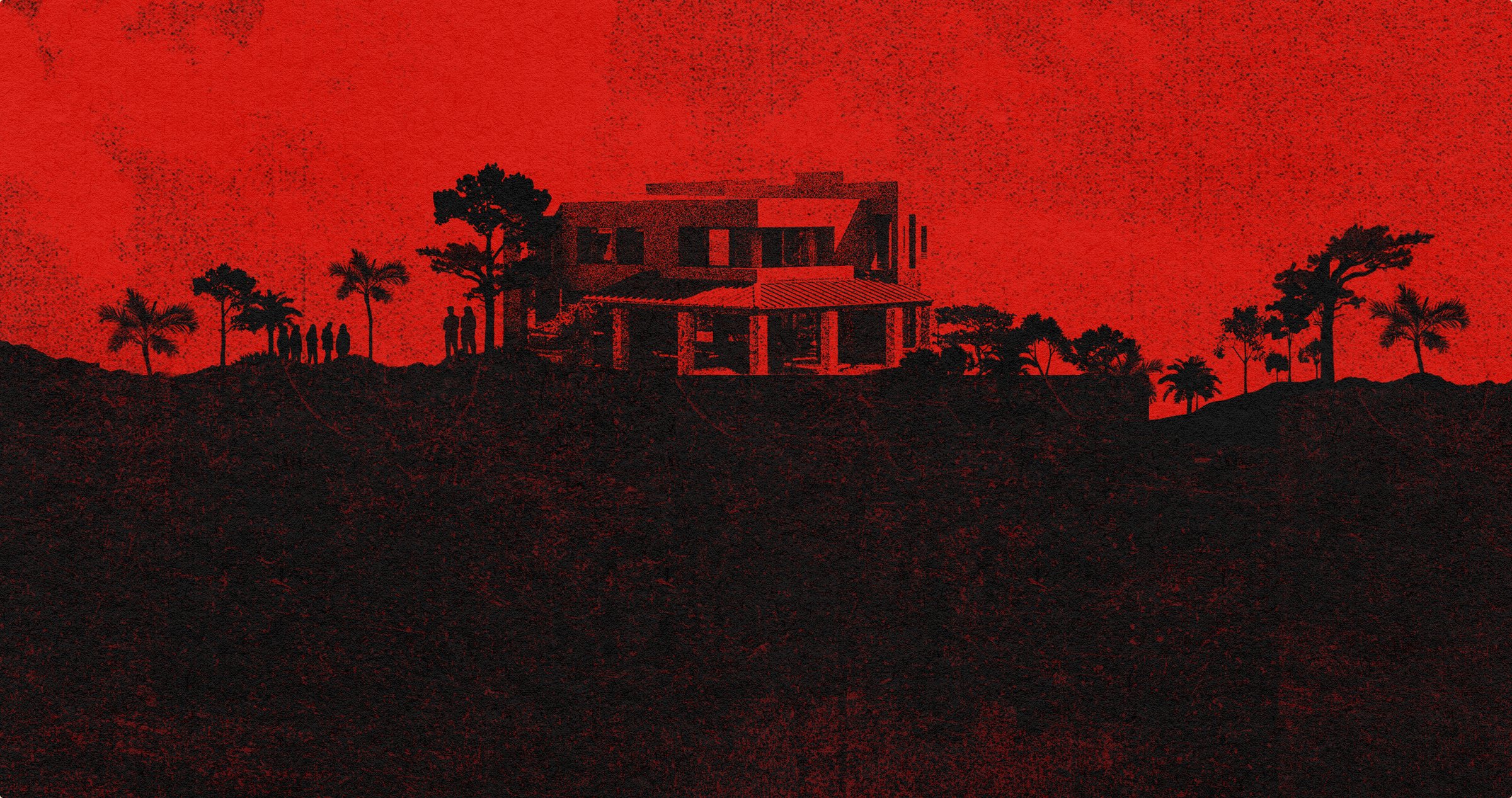 The Exit State poster: a black silhouette of a modern house on a hillside against a blood-red sky