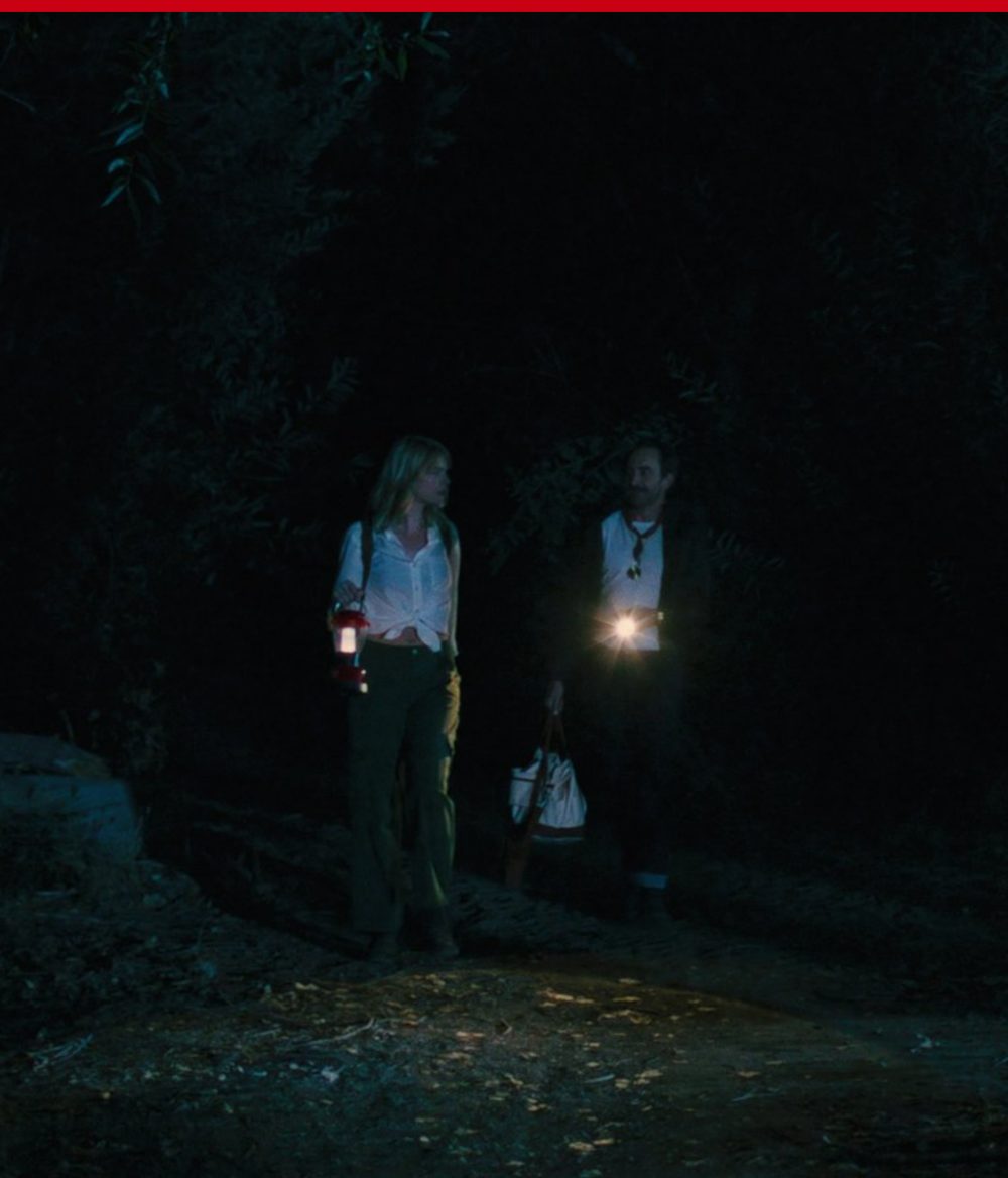 Claire and Andrew carry a lantern and flashlight through the dark